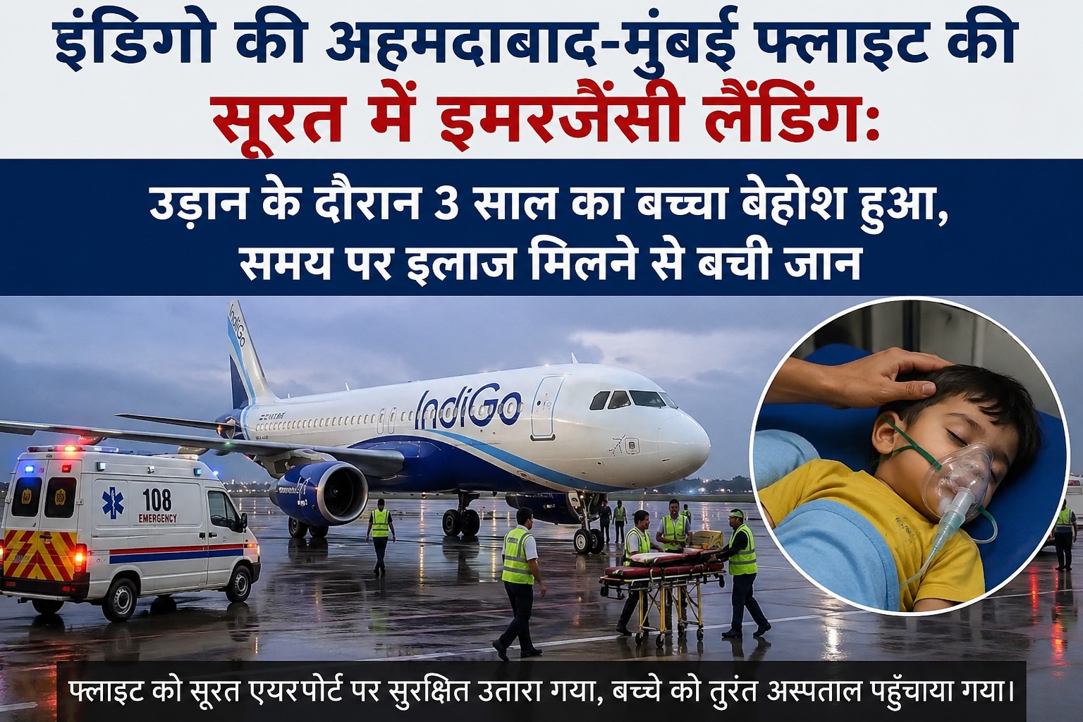 Read more about the article अहमदाबाद-मुंबई इंडिगो फ्लाइट की सूरत में मेडिकल इमरजेंसी लैंडिंग: 3 साल के बच्चे की अचानक बिगड़ी तबीयत, समय रहते मिला इलाज
