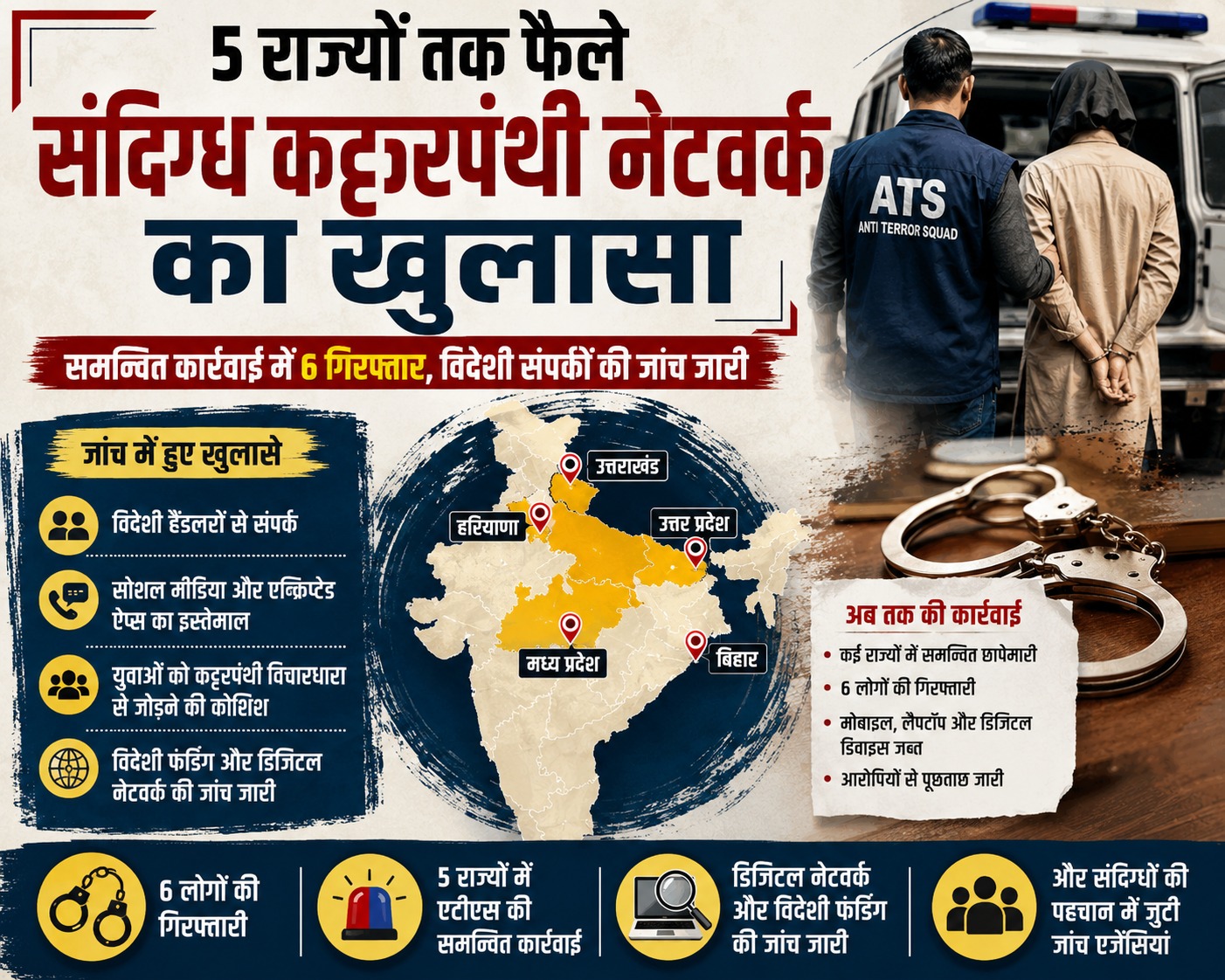 5 राज्यों तक फैले संदिग्ध कट्टरपंथी नेटवर्क का खुलासा: समन्वित कार्रवाई में 6 गिरफ्तार, विदेशी संपर्कों की जांच जारी
